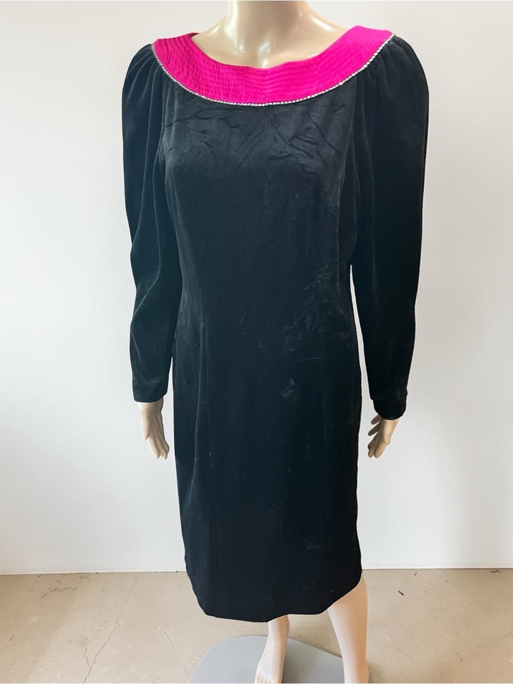 Black Velvet shift Cocktail Dress with Hot Pink Collar with rhinestone trim-14